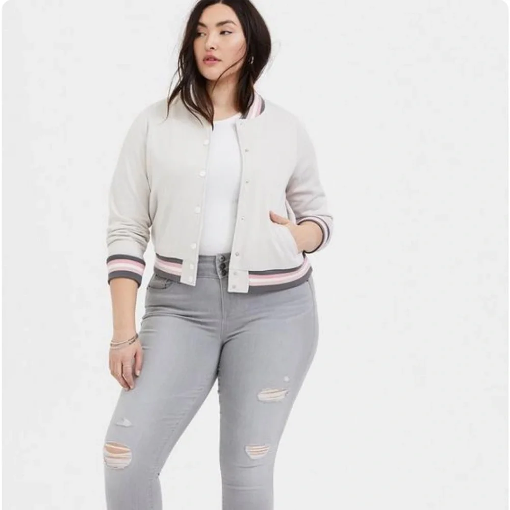 Torrid Ivory & Multi Stripe Trim Fleece Crop Bomber Jacket - Picture 2 of 5